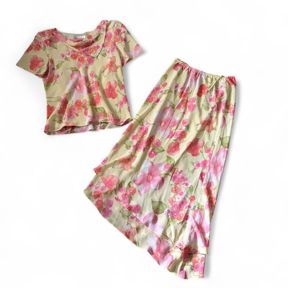 Vintage 90s Studio 1 Pink Green Floral Two Piece Skirt Set Size 10 Romantic